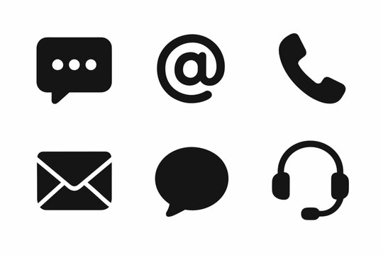 Black contact icons set: chat, email, phone, customer support