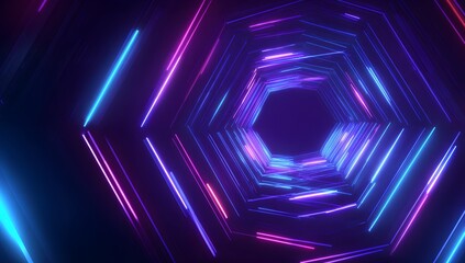 Abstract geometric tunnel of glowing neon lights in vibrant blue and purple hues creating a futuristic sci fi ambiance