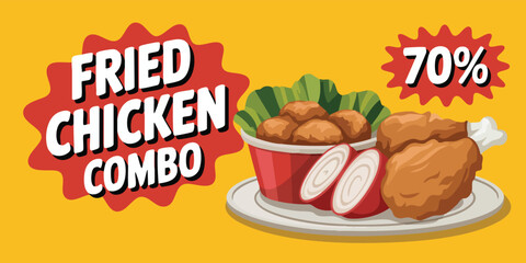 Fried chicken combo promotion with 70 off featuring illustration of food items on a yellow background