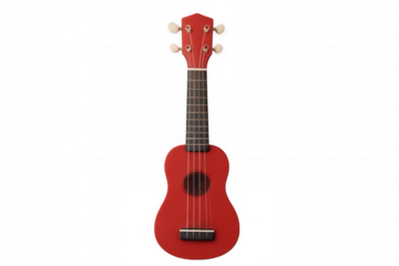 Red ukulele featuring a fretboard, tuning pegs, and strings, depicting a musical instrument for hobbies or leisure