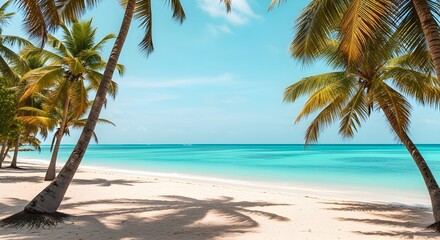 Obraz premium ropical beach with white sand, turquoise ocean, and palm trees under bright sunlight