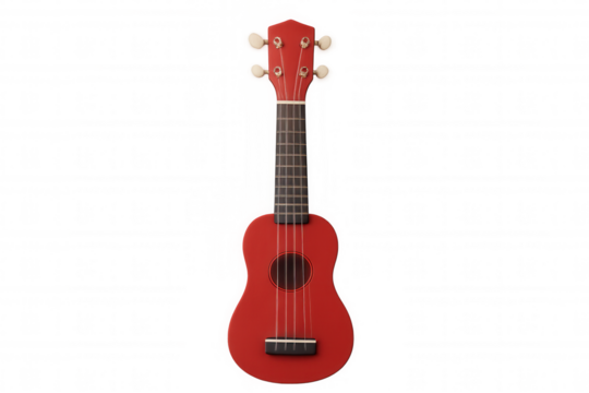 Red ukulele featuring a fretboard, tuning pegs, and strings, depicting a musical instrument for hobbies or leisure