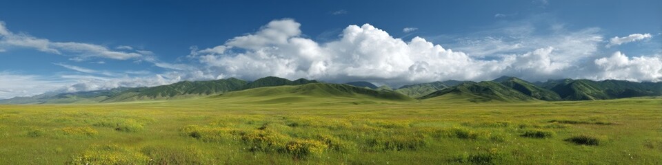 Fototapeta premium Vibrant hdr panorama of rolling hills nature scene sunny day landscape