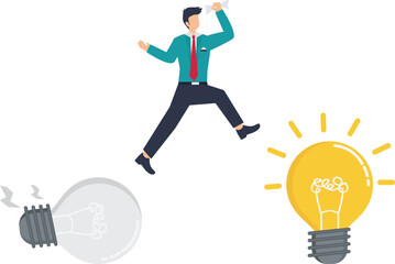 Dynamic businessman leaping towards bright ideas, leaving old concepts behind in a modern, energetic illustration about innovation and success