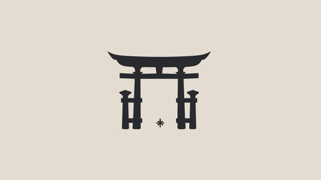 A dark, stylized silhouette of a Japanese torii gate is centered on a light beige background