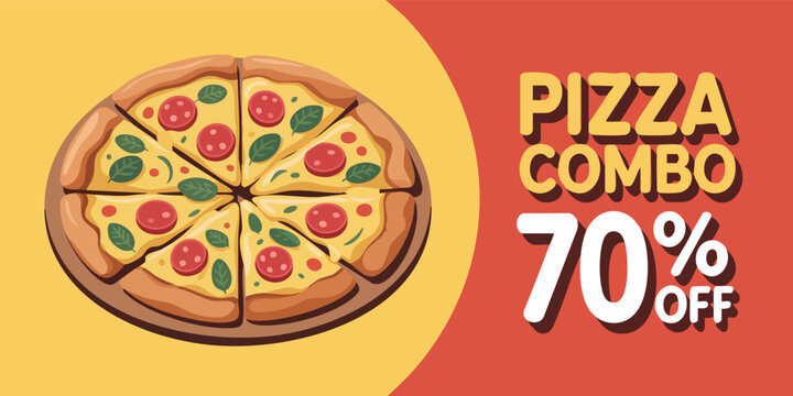 Pizza ad a pizza sits on a wooden plate with Pizza Combo 70 Off on a red background - Powered by Adobe