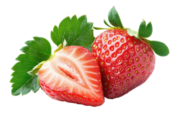 Ripe strawberries one whole, one sliced. Leaves present