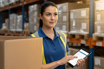 Worker woman with tablet near box items working in warehouse. Inventory management and order fulfillment. Technology and efficient logistics operation on work in storage