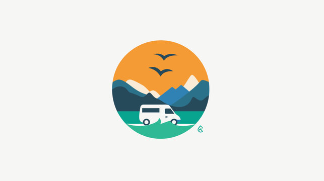 Circular logo of a white camper van amidst mountains, ocean, and birds