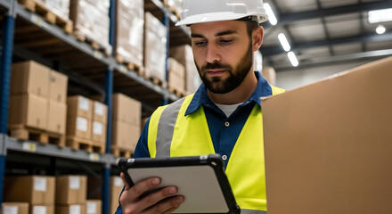 Worker man with tablet near box items working in warehouse. Inventory management and order fulfillment. Technology and efficient logistics operation on work in storage