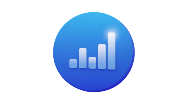 3d icon of blue circle with white bar graph isolated on transparent background representing statistical data analysis