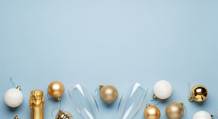 Festive arrangement of champagne flutes, ornaments, and party items on a blue background, mockup celebrations and New Year Eve.