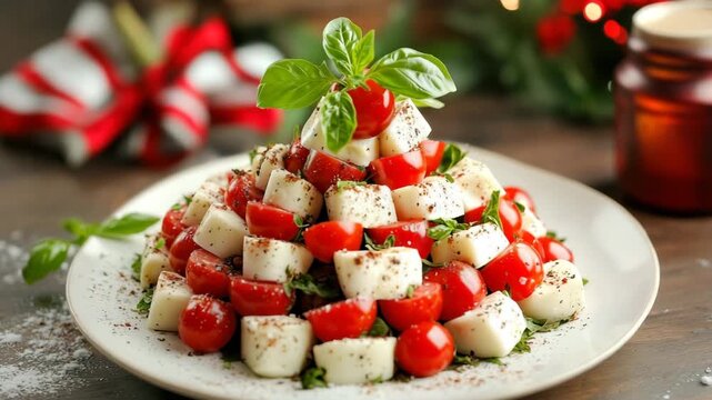 Christmas caprese salad shaped like a tree with tomatoes and mozzarella balls