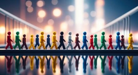 Cultural competence in the workplace, A line of colorful figures walks across a bridge, reflecting on the surface below amidst a backdrop of soft, glowing lights.
