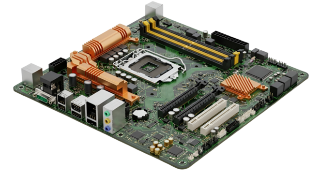 3d icon of close up of a computer motherboard isolated on transparent background, showcasing its intricate components and design