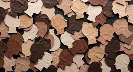 Cultural competence in the workplace, A collection of crumpled paper cutouts shaped like human heads, diversity variety of skin tones in a visually rich and textured arrangement.