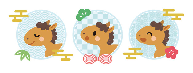 フレームの中の三頭の馬のイラスト　午年　年賀素材　青