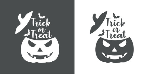 Texto trick or treat saliendo de una calabaza de Halloween con murciélagos, para su uso en invitaciones y tarjetas