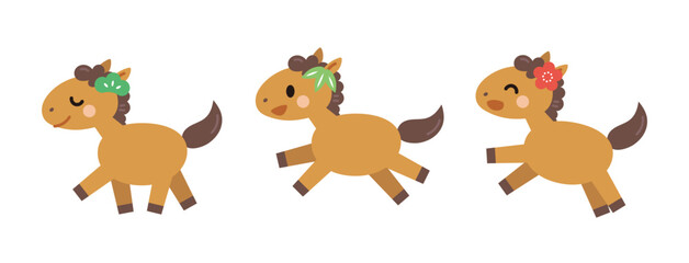 松竹梅の飾りをつけた馬のイラスト　午年　年賀素材