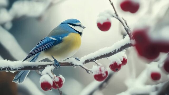 Eurasian blue tit perching on snowy branch with red berries in winter