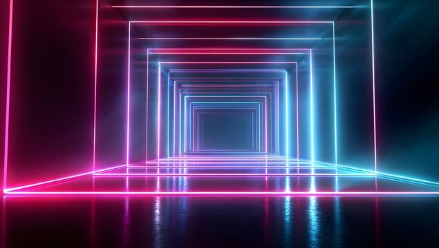 Illuminated geometric tunnel with glowing neon light lines in vibrant pink and blue hues creating a futuristic perspective effect isolated on transparent background