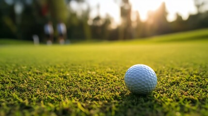 A close-up of a golf ball resting on lush green grass with a blurred background of golfers, capturing a serene golfing moment.