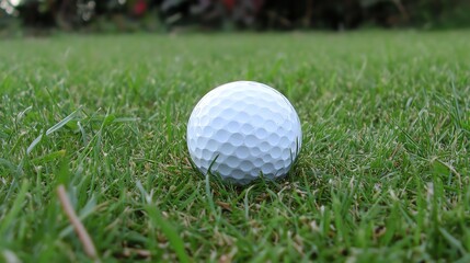 Fototapeta premium A close-up of a single golf ball resting on green grass, showcasing its textured surface and smooth design.