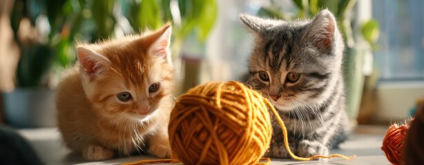 The Kittens Playing with a Ball of Yarn on a Sunlit Windowsill