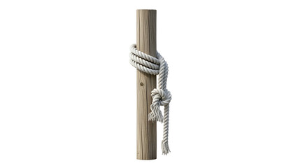 Wooden Post Wrapped with White Rope Tied in Knot on Transparent Background