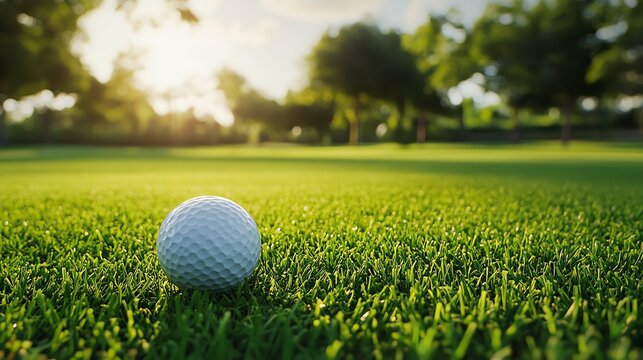 A close-up of a golf ball resting on lush green grass, illuminated by warm sunlight, capturing a serene moment on the golf course.
