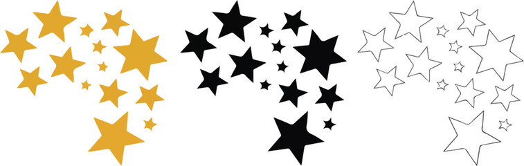 Shooting Star or Star Trail Graphic in Three Styles star, shooting star, trail, meteor, comet, space, celestial, gold, black, outline, magic, sparkle, icon, vector.
