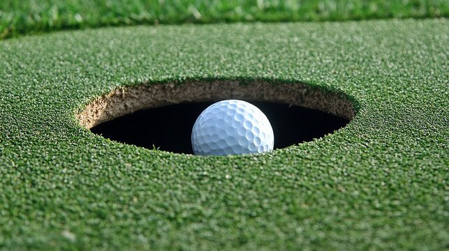Close-up of a golf ball nestled in a hole on a green, showcasing the thrill of the game and the precision of a perfect putt.