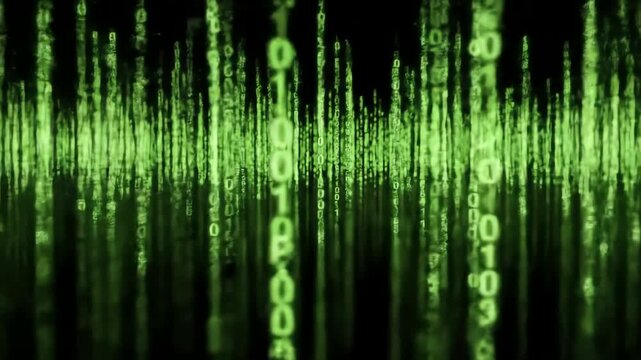 Abstract digital rain of green binary code on black background, concept of data stream, cybersecurity, artificial intelligence, metaverse and information technology