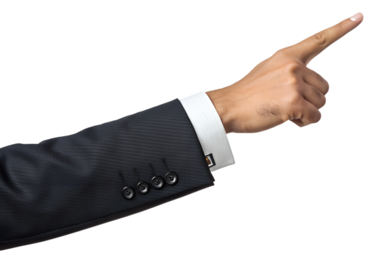 Businessman’s arm in a black suit pointing forward with the index finger. Professional gesture for direction, selection, decision-making, or guidance. Isolated on transparent PNG background, ideal for