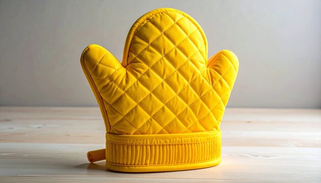 Bright yellow quilted oven mitt with ribbed edge and loop on light wooden surface