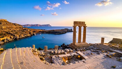 Ancient temple ruins overlooking a serene bay at sunset