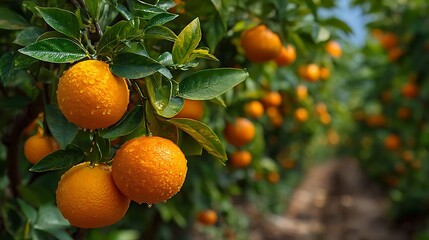 Fresh orange orchard with morning dew high resolution picture