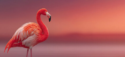 Fototapeta premium Graceful flamingo standing in still shallow water with soft pink and red feathers against a dreamy gradient sunset background Generative AI