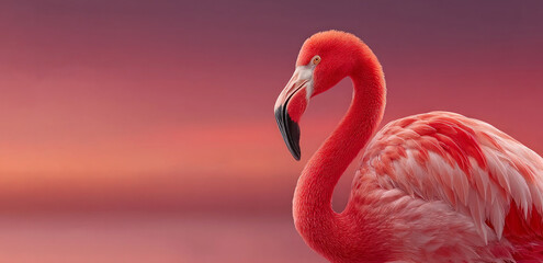 Fototapeta premium Closeup of vibrant pink flamingo with curved neck and detailed feathers against a warm gradient sunset sky over calm water Generative AI