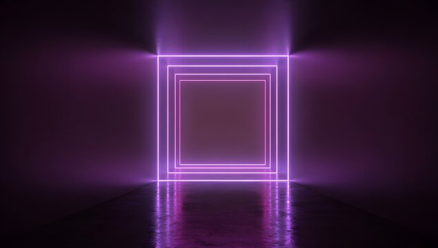 Abstract glowing purple geometric rectangle frames creating a futuristic portal tunnel effect with reflections isolated on transparent background - Powered by Adobe