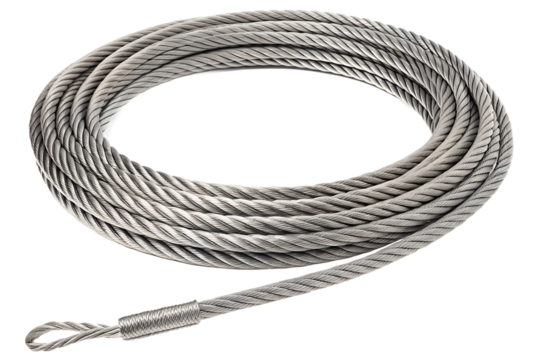 Thick industrial steel wire rope or metal cable isolated on a transparent PNG background. Strong and durable construction material used for lifting, towing, rigging, or heavy machinery support. Ideal 