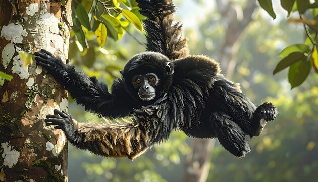 Spider Monkey Hanging in the Rainforest Canopy with Baby on Back.