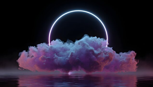 Vibrant ethereal glowing neon ring suspended above a fluffy luminous cloud formation reflecting on a dark water surface isolated on transparent background