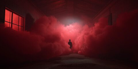 Person walks through dimly lit corridor filled with thick red smoke, creating mysterious and dramatic atmosphere. light from window casts eerie glow, enhancing surreal ambience
