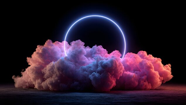 Vibrant ethereal cloud formation illuminated by a glowing neon ring creating a surreal atmospheric spectacle isolated on transparent background