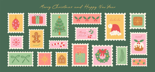 Set of vintage Christmas postage stamps. Winter holiday postage stickers. Xmas celebration mail postmark. Hand drawn Christmas tree, gifts, bow, gingerbread, baubles, candy. Vector illustration.