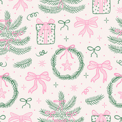 Christmas hand drawn vintage seamless pattern in line sketch style. Christmas tree, gifts, holiday wreath, bows, stars, snowflake. Retro background in pink and green colors. Vector illustration.