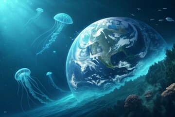 A planet made of water with jellyfish swimming in its ocean
