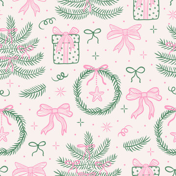 Christmas hand drawn vintage seamless pattern in line sketch style. Christmas tree, gifts, holiday wreath, bows, stars, snowflake. Retro background in pink and green colors. Vector illustration.