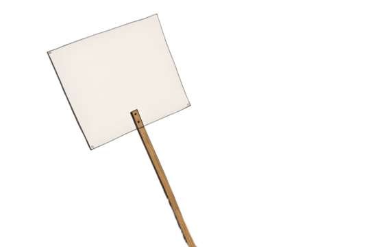Empty rectangular protest sign or rally placard mounted on a wooden stick, isolated on a transparent PNG background. Ideal for activism graphics, political campaign designs, social awareness posters, 
